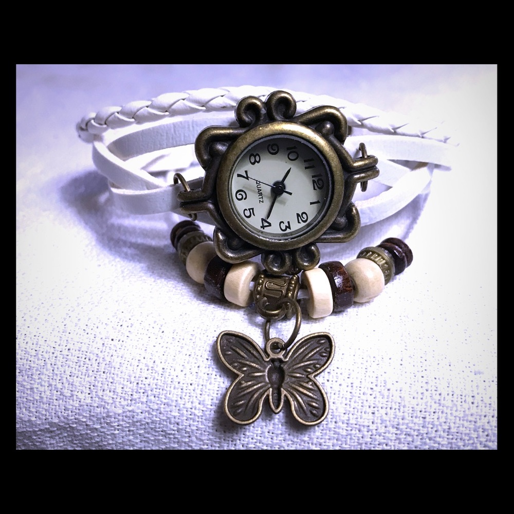 Butterfly charm watch white